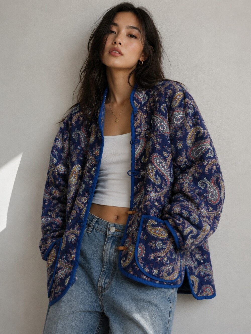Vintage Paisley Quilted Asian Blue Jacket Women's Large Or Oversized Medium
